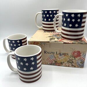 Vintage 1997 Ralph Lauren Heartland Coffee Mugs Flag Stars Stripes Set 4